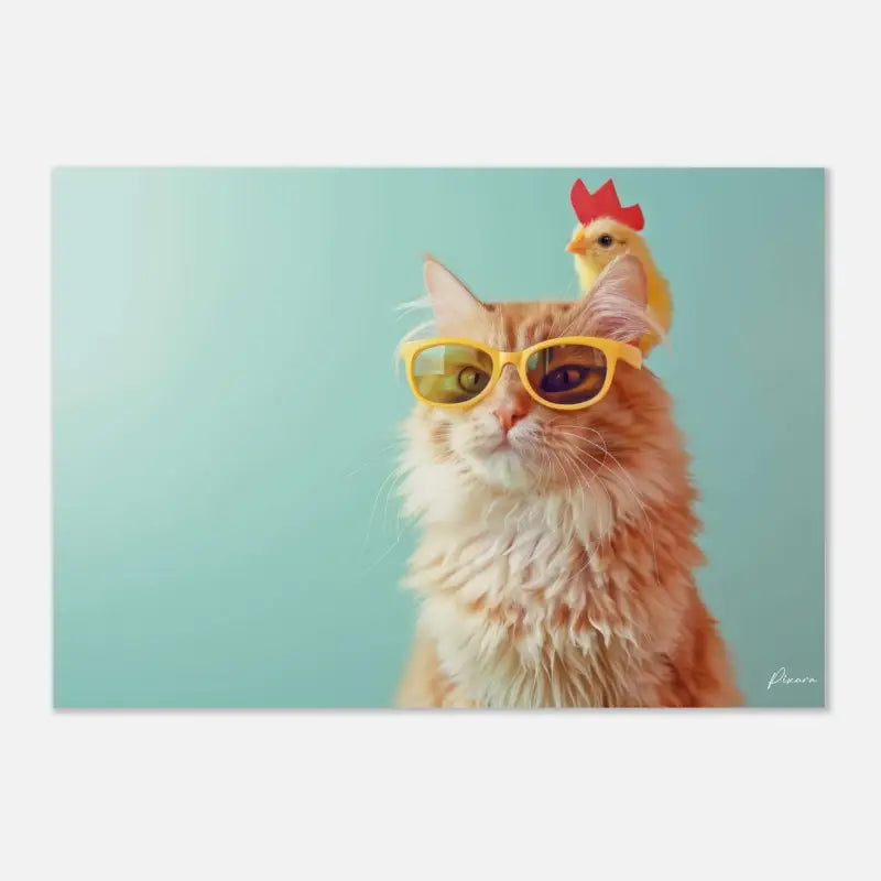 Un chat orange duveteux portant des lunettes de soleil jaunes avec un petit poussin perché sur sa tête.