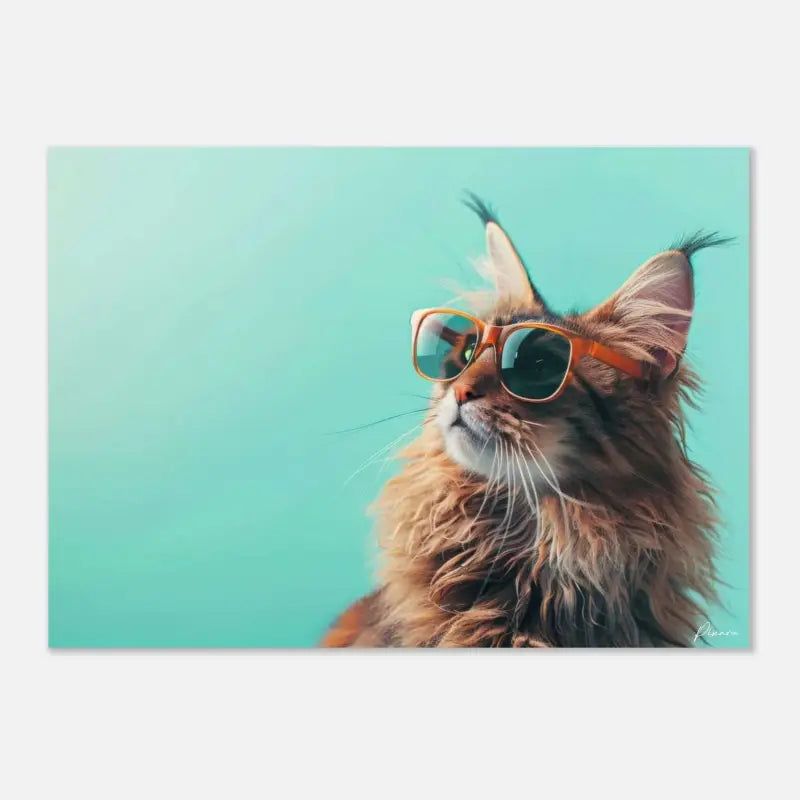 Un chat duveteux à longs poils avec un pelage brun chaud et des oreilles touffues distinctives porte des lunettes de soleil élégantes à monture orange sur un fond turquoise doux.