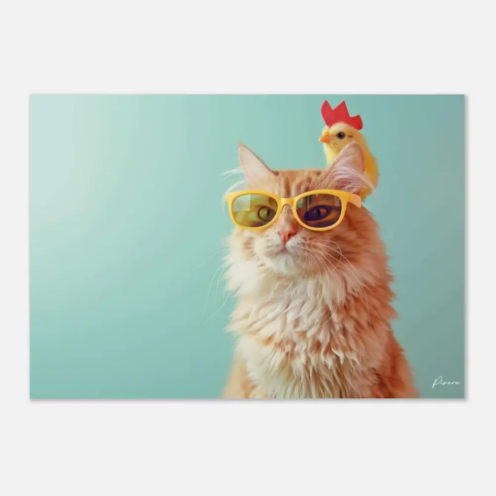 Un chat orange duveteux portant des lunettes de soleil jaunes avec un petit poussin perché sur sa tête.