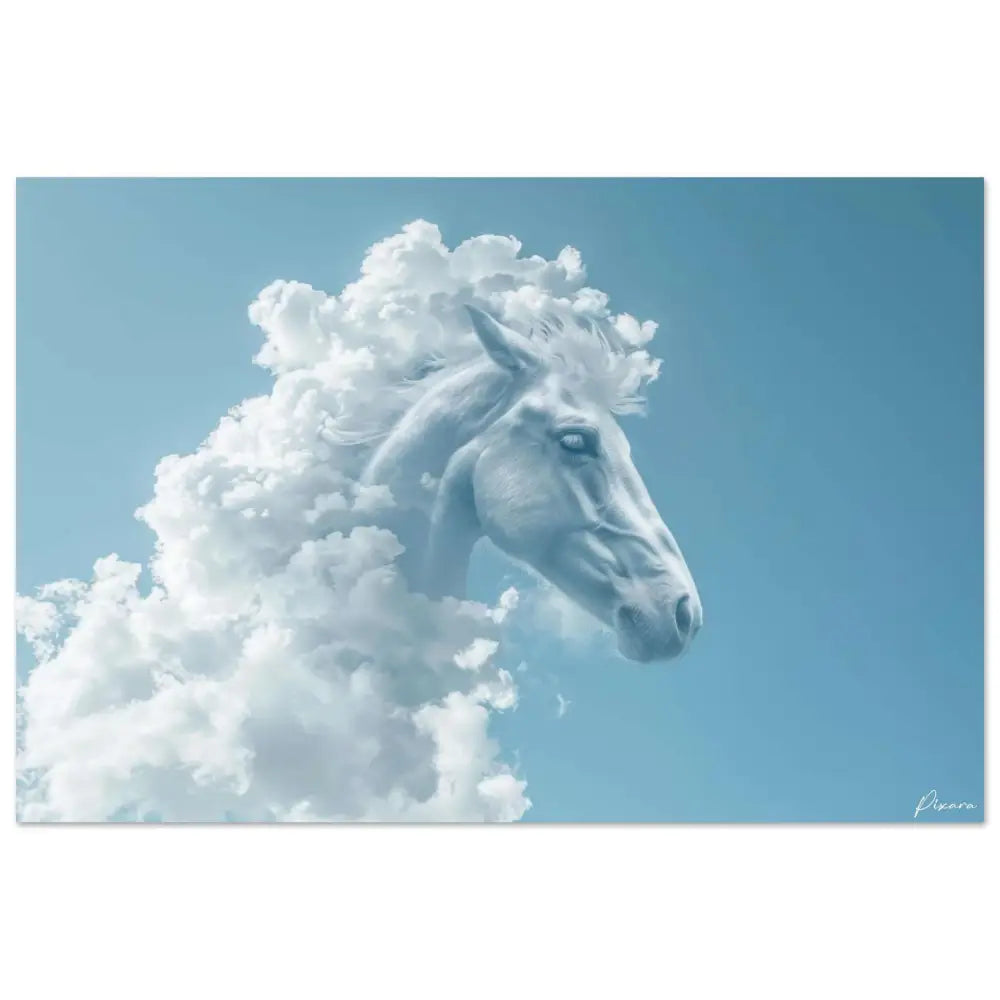 Une tête de cheval blanc sereine émergeant de nuages moelleux sur un ciel bleu doux, rendue dans une estampe artistique.