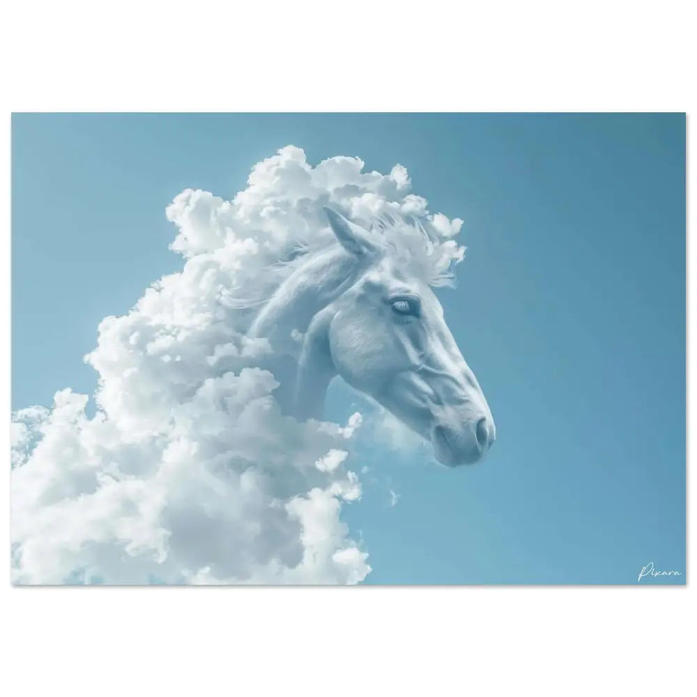 Une tête de cheval blanc sereine émergeant de nuages moelleux sur un ciel bleu doux.