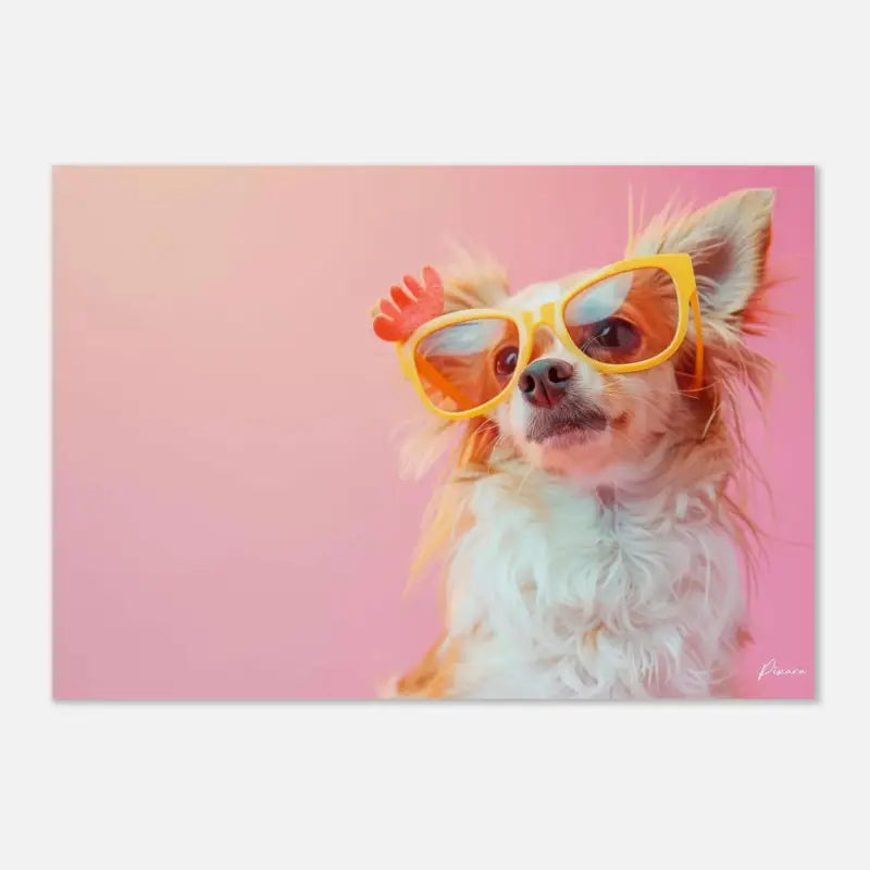 Un charmant chihuahua avec un pelage blanc et beige duveteux porte des lunettes de soleil jaunes surdimensionnées ornées d’un petit accessoire en forme de main rouge sur la branche.