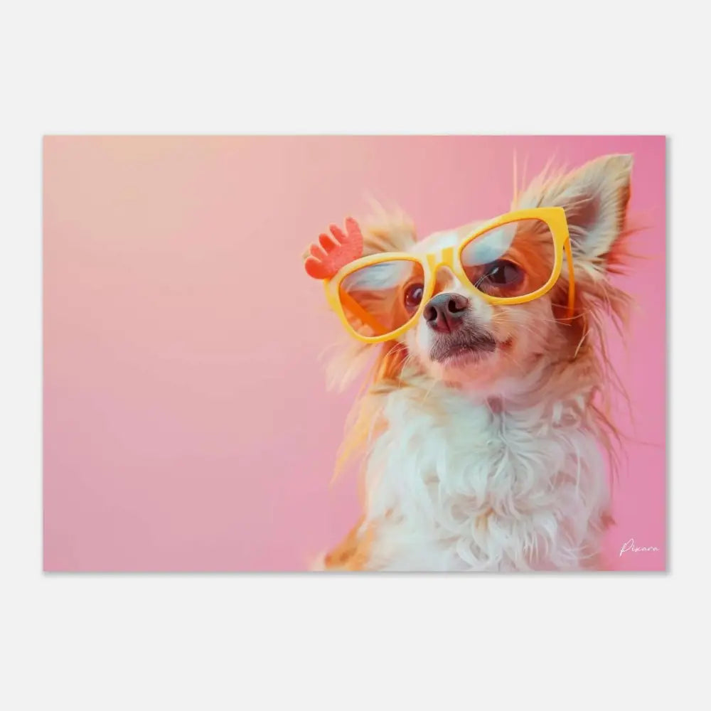 Un charmant chihuahua avec un pelage blanc et beige duveteux porte des lunettes de soleil jaunes surdimensionnées ornées d’un petit accessoire en forme de main rouge sur la branche.