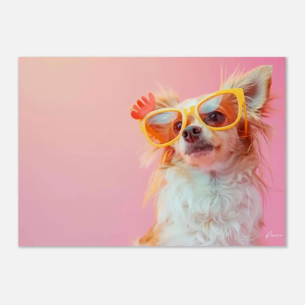 Un charmant chihuahua au pelage blanc et fauve duveteux porte des lunettes de soleil jaunes surdimensionnées ornées d’un accessoire en forme de poulet rouge sur la branche.