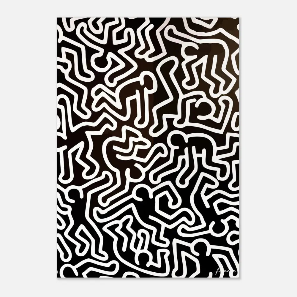 Impression d’art abstrait en noir et blanc mettant en scène des figures en lignes continues audacieuses dans un motif dynamique et énergique.