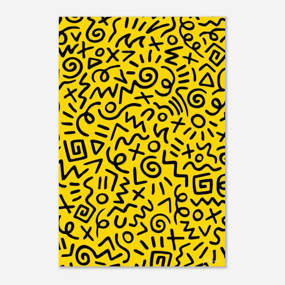 Toile jaune vibrant ornée d’un motif gribouillis abstrait audacieux et noir.