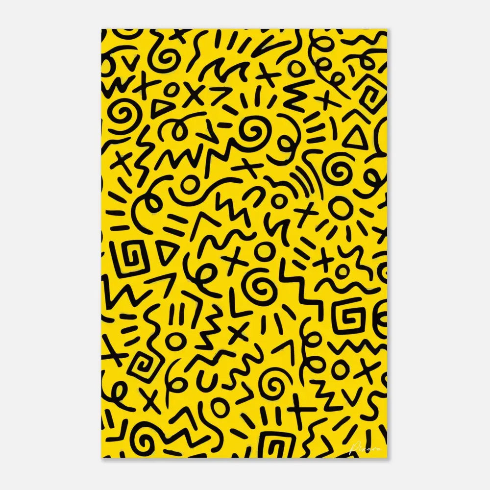 Toile jaune vibrant ornée d’un motif gribouillis abstrait audacieux et noir.