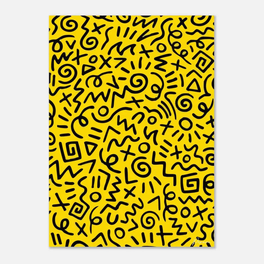 Toile jaune vibrant ornée d’un motif ludique dessiné à la main de symboles et formes abstraits noirs.