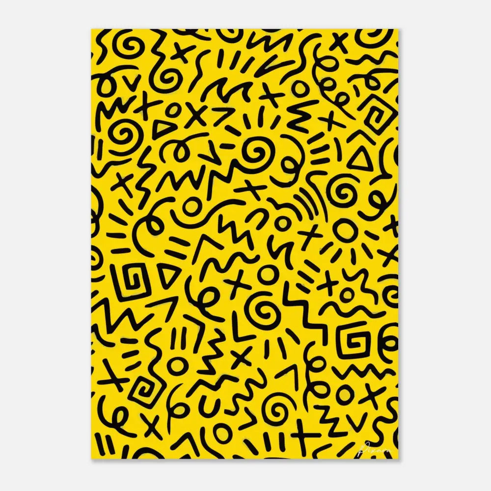 Toile jaune vibrant ornée d’un motif ludique dessiné à la main de symboles et formes abstraits noirs.