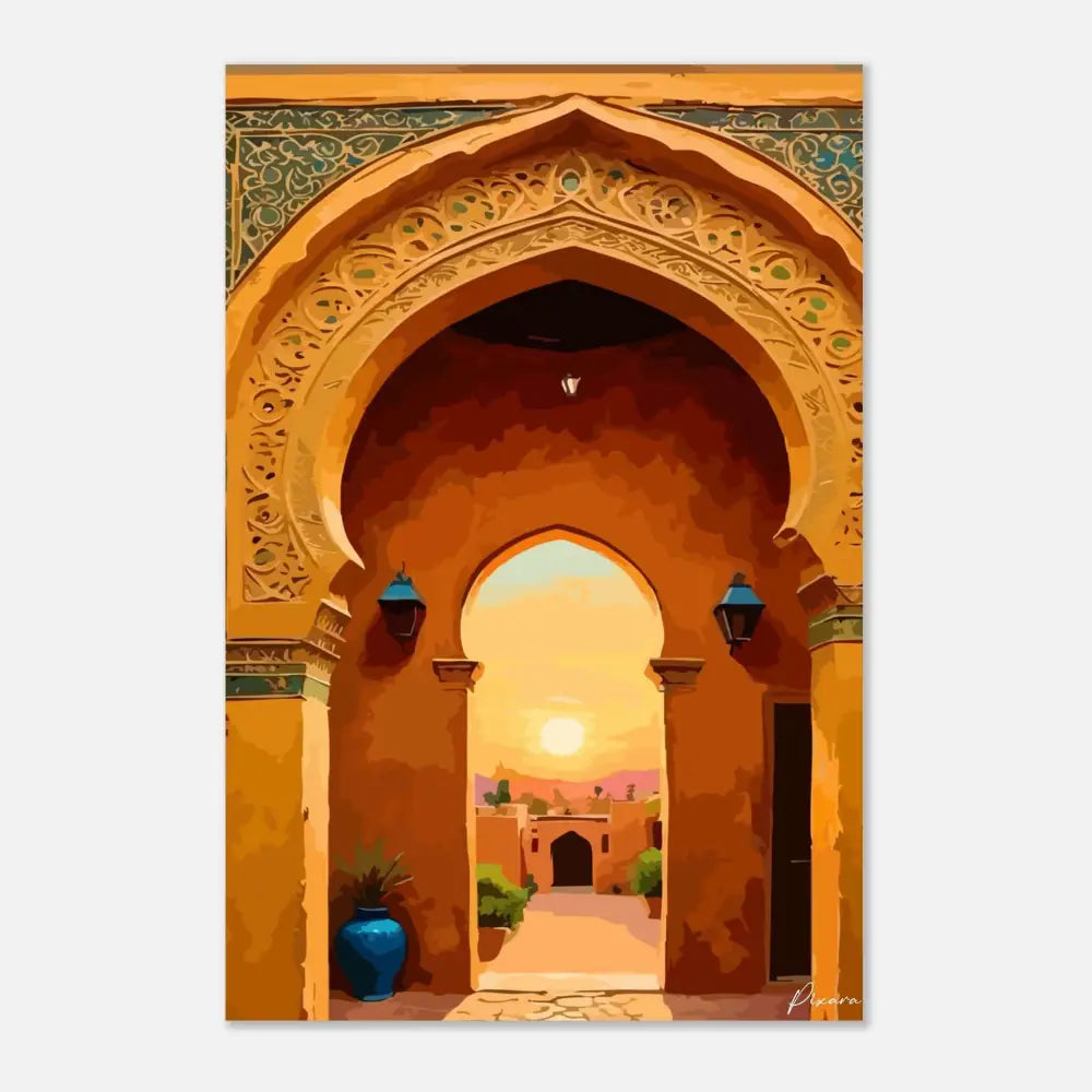 Une peinture numérique vibrante d’une arche de style marocain avec des sculptures dorées intricées, des motifs décoratifs turquoise et verts au-dessus de l’entrée, des murs orange chaleureux, deux lanternes bleu foncé flanquant le passage central, et un coucher de soleil lumineux visible à travers la