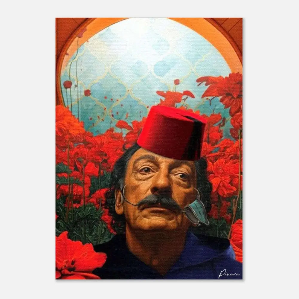 Une peinture sur toile vibrante représentant un homme coiffé d’un fez rouge entouré de coquelicots rouges luxuriants, avec une fenêtre en arc et un arrière-plan à motifs.