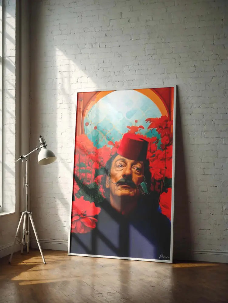 Un portrait vibrant et encadré d’un homme portant un fez rouge entouré de fleurs rouges audacieuses et d’un ciel en arche.