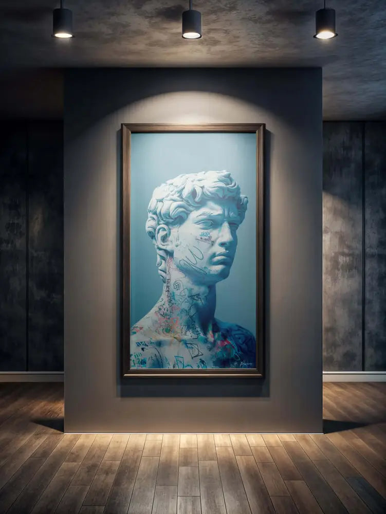 Une œuvre d’art encadrée représentant une statue de marbre blanc de David avec des tatouages et des marquages de style graffiti sur son visage, son cou et ses épaules.