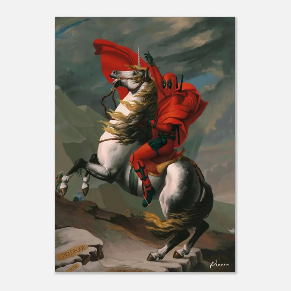 Deadpool en costume rouge chevauche un licorne blanc avec une cape rouge flottante, représenté comme une œuvre peinte.
