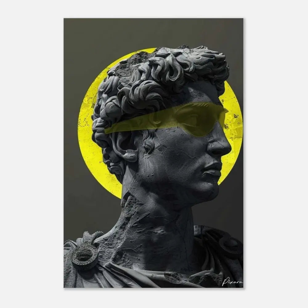 Une statue frappante en pierre noire d’une figure classique portant des lunettes de soleil jaunes audacieuses, placée sur un fond circulaire jaune vibrant.