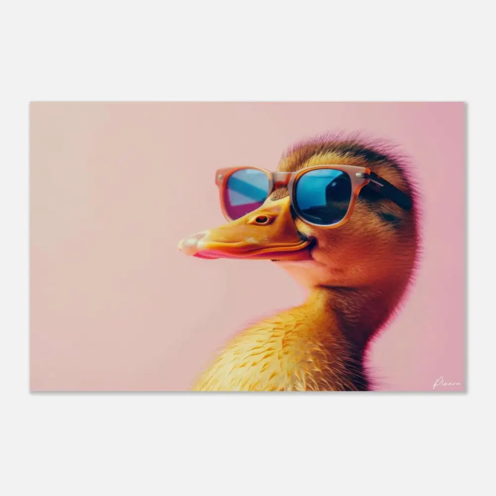 Un charmant caneton jaune avec des plumes duveteuses porte des lunettes de soleil stylées de style rétro dotées de verres teintés en bleu et d’une monture marron clair.