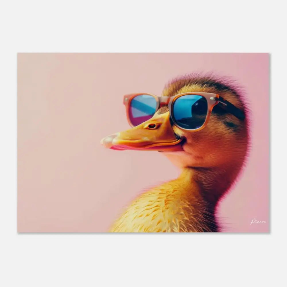 Un charmant caneton jaune avec des plumes duveteuses porte des lunettes de soleil élégantes dotées de verres miroirs bleus et d’une monture marron clair.