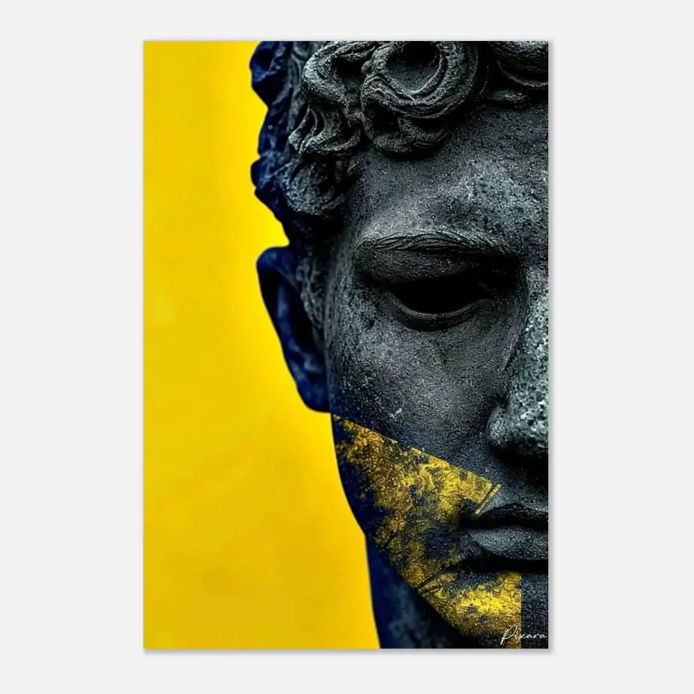 Une sculpture en pierre noire frappante d’une tête masculine classique aux cheveux bouclés intricés, partiellement ornée d’accents audacieux en feuille d’or le long du bas du visage.