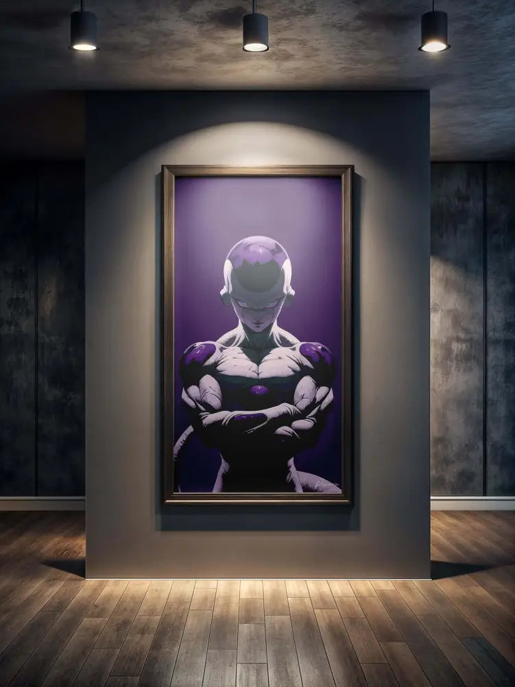 Une œuvre d’art encadrée représentant un personnage d’anime musclé à la peau violette, les bras croisés et des yeux blancs luisants.