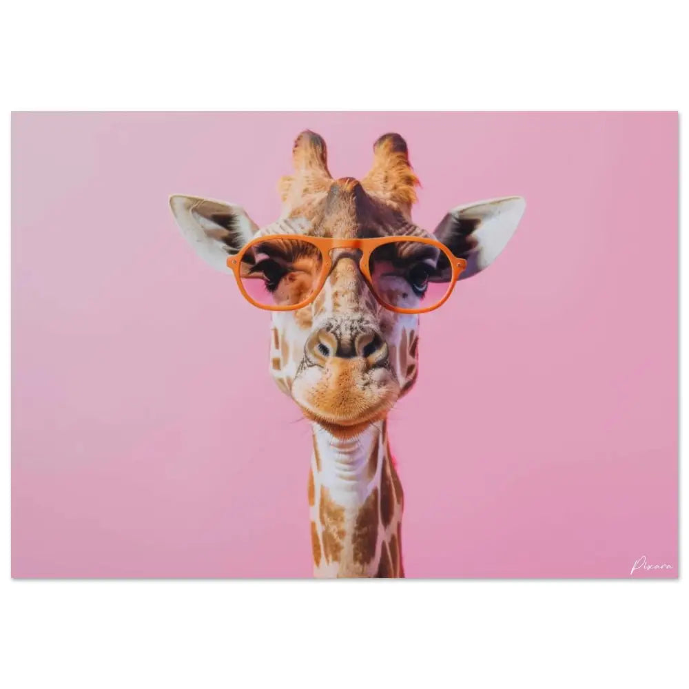Une girafe avec un pelage brun et crème à motifs portant des lunettes à monture orange vif sur un fond rose uni.