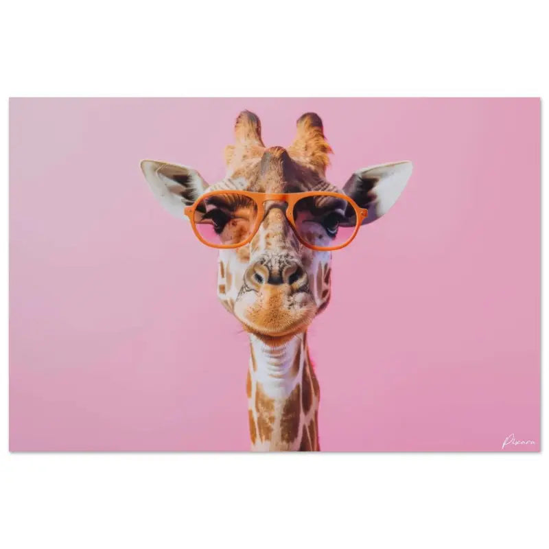 Une girafe avec des lunettes de soleil à monture orange sur un fond rose.