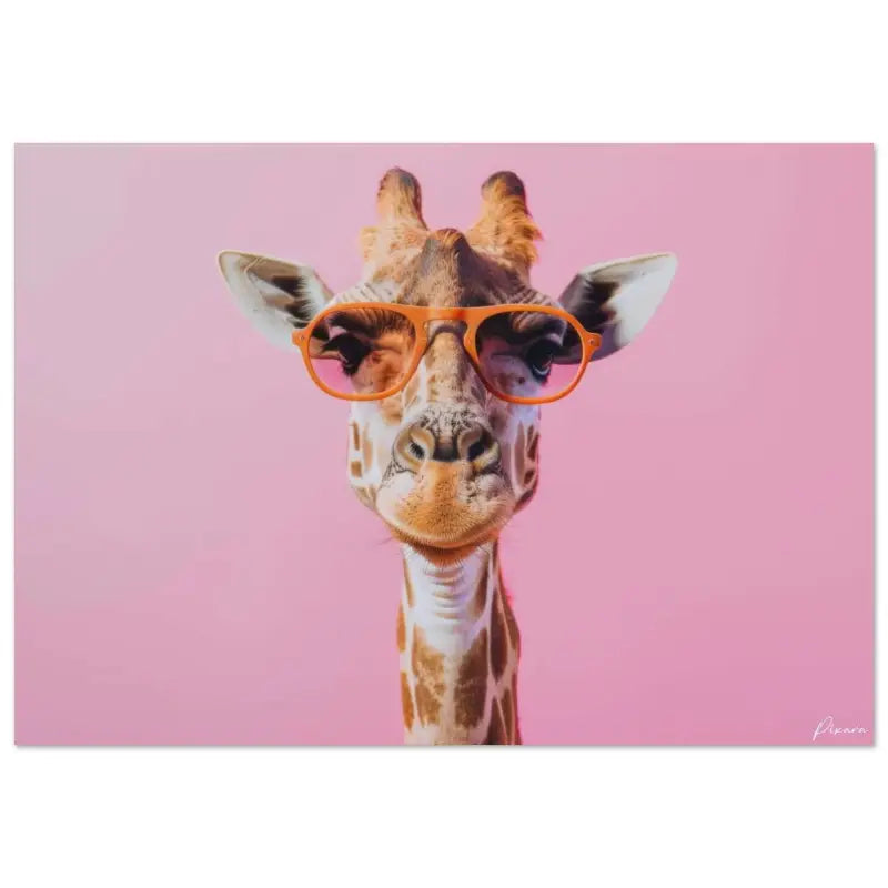 Une girafe avec un pelage brun et crème à motifs portant des lunettes à monture orange vif sur un fond rose uni.
