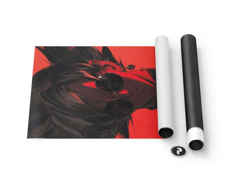 Affiche animée style anime vibrante en rouge et noir mettant en scène un personnage stylisé avec des lunettes de soleil, affichée aux côtés de ses manches roulées blanches et noires.
