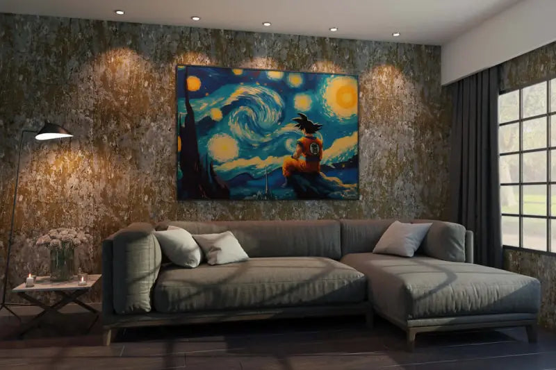 Une impression sur toile vibrante et stylisée mettant en scène Goku de Dragon Ball assis sur un affleurement rocheux sous des cieux étoilés tourbillonnants avec des orbes jaunes lumineux.
