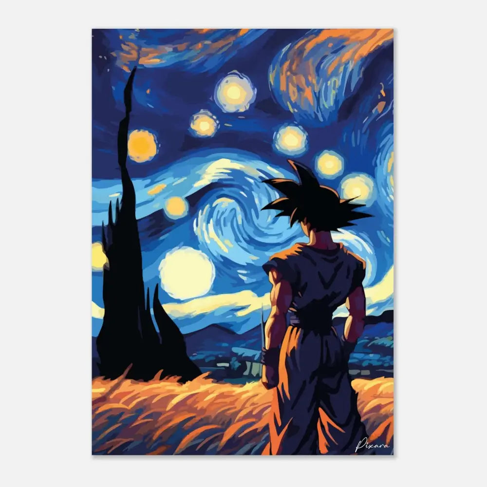 Une affiche vibrante et stylisée mettant en scène Goku de Dragon Ball debout dans un champ sous un ciel nocturne tourbillonnant avec des étoiles lumineuses et des croissants de lune.
