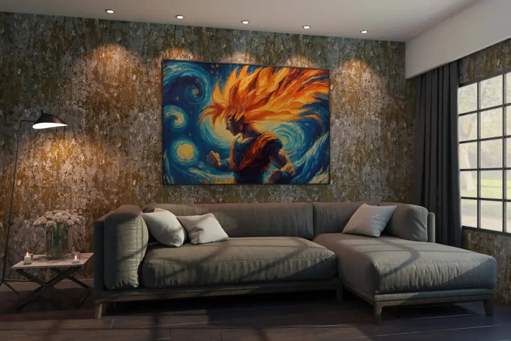 Peinture animée de style anime aux tons orange et bleu vibrants d’un personnage aux cheveux enflammés, affichée sur le mur au-dessus d’un canapé sectionnel gris.