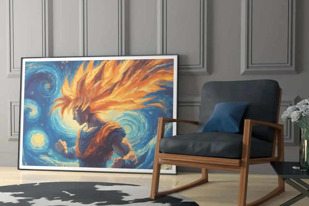 Une œuvre d’art encadrée représentant un personnage stylisé aux cheveux flamboyants sur fond de motifs cosmiques tourbillonnants en bleu et orange.