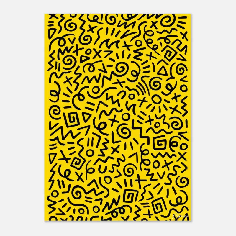 Toile jaune vibrant ornée d’un motif abstrait audacieux en noir, composé de lignes tourbillonnantes et de formes géométriques.