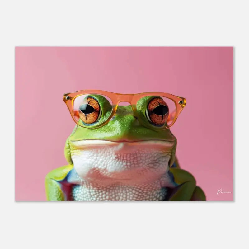 Une grenouille arboricole verte vibrante aux yeux orange frappants porte des lunettes translucides de couleur pêche élégantes sur un fond rose doux.