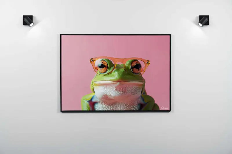 Une photographie encadrée d’une grenouille verte portant des lunettes à monture orange sur un fond rose.