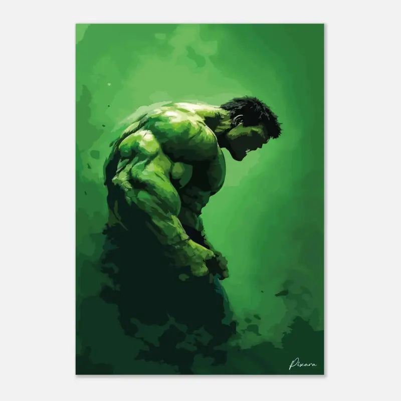 Affiche de super-héros Hulk vert avec une forme musclée et texturée sur un fond dégradé vert.