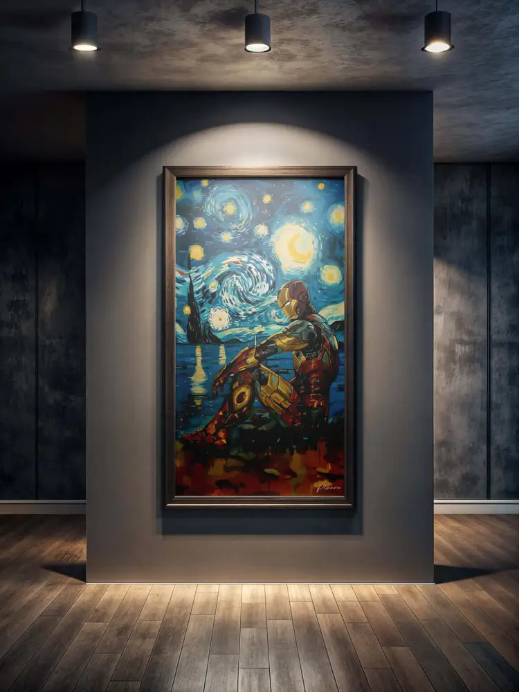 Un tableau encadré représentant Iron Man assis sous un ciel nocturne tourbillonnant et étoilé, évoquant le « Nuit étoilée » de Van Gogh, rendu en bleus et ors vibrants avec des coups de pinceau audacieux.