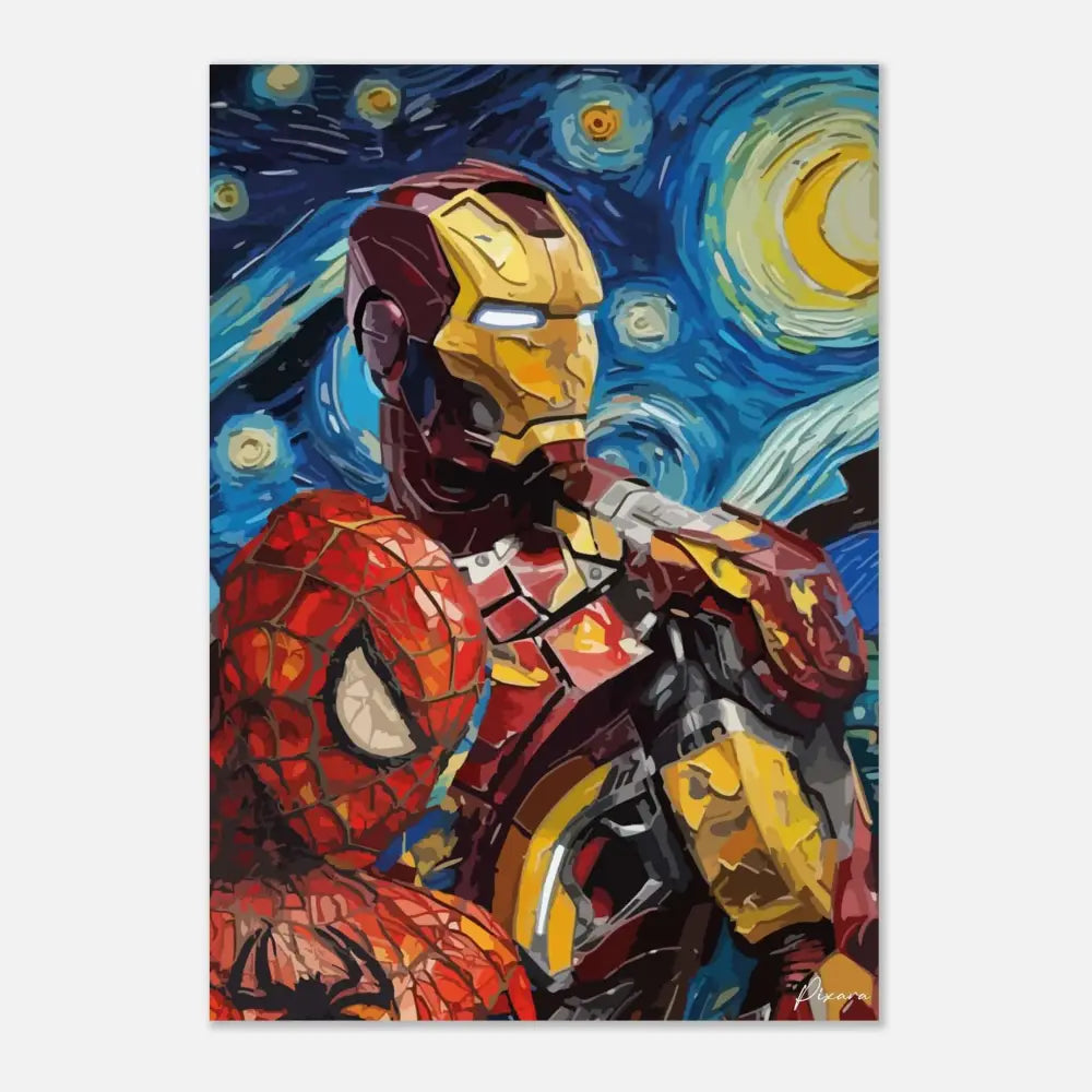 Une peinture vibrante et stylisée mettant en scène Iron Man et Spider-Man dans des poses dynamiques sur fond d’un ciel nocturne bleu tourbillonnant parsemé d’étoiles évoquant la ’Nuit étoilée’ de Van Gogh.