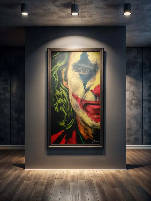 Un portrait vibrant et encadré du joker avec des cheveux verts audacieux, un sourire rouge et du maquillage facial bleu et jaune.