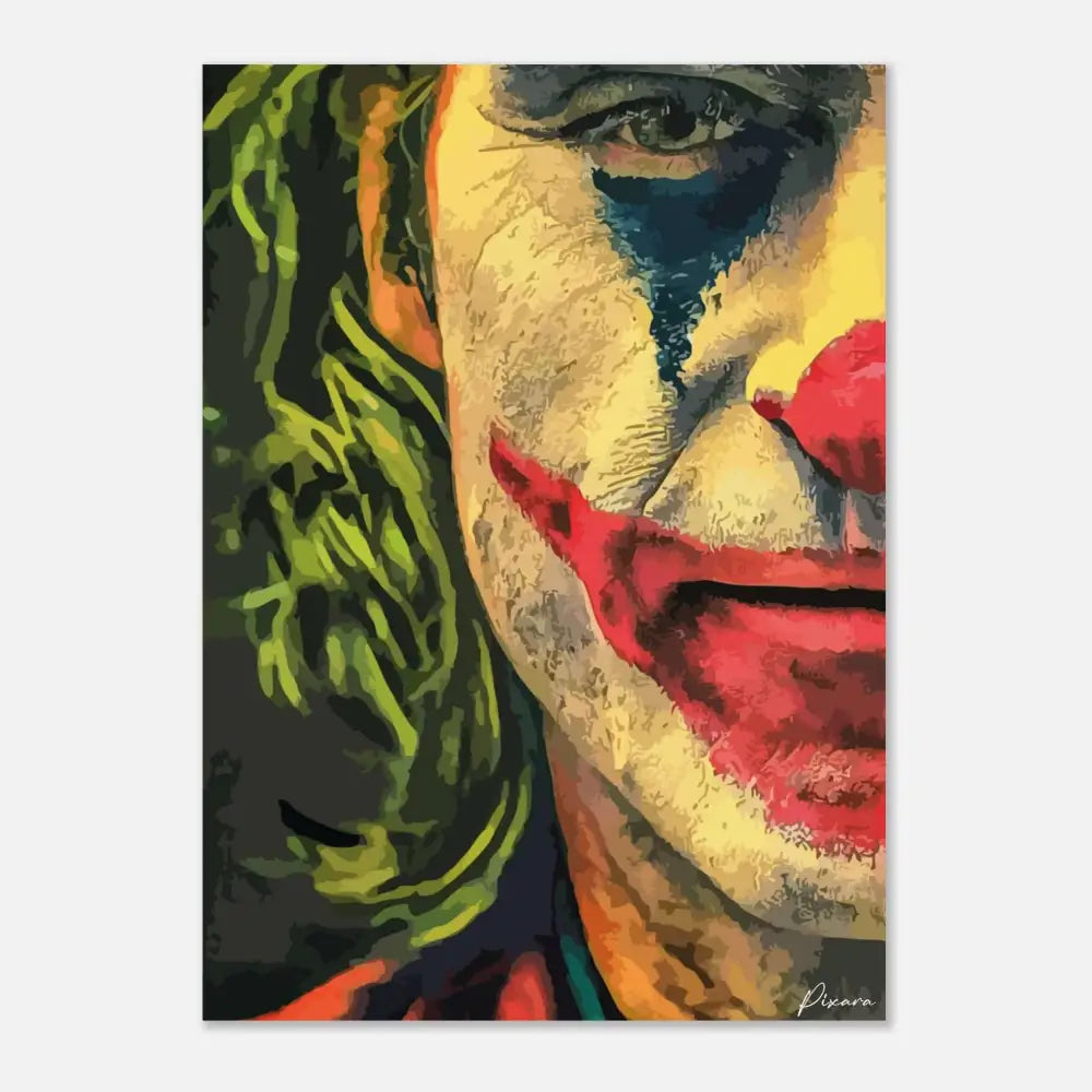 Portrait stylisé et vibrant de l’impression du Joker avec des cheveux verts, du maquillage facial jaune, des lèvres rouges et une traînée de larme bleue.