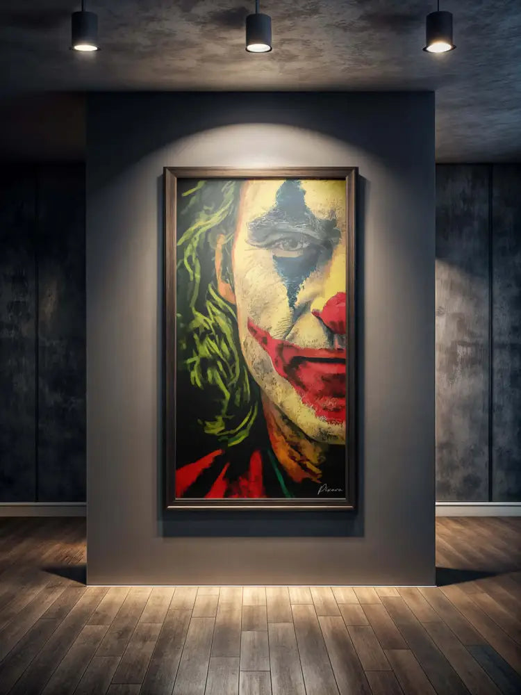 Un portrait vibrant et encadré du joker avec des cheveux verts audacieux, un sourire rouge et du maquillage facial bleu et jaune.
