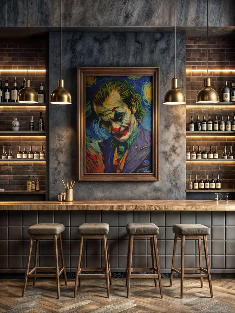 Une peinture vibrante, encadrée, du joker dans un style de portrait stylisé et coloré, est accrochée de manière proéminente sur un mur gris texturé.