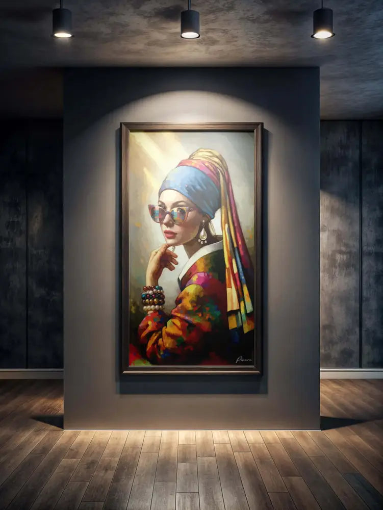 Une réinterprétation vibrante et moderne de la célèbre peinture ’La Jeune Fille aux perles’ dans un cadre sombre élégant.
