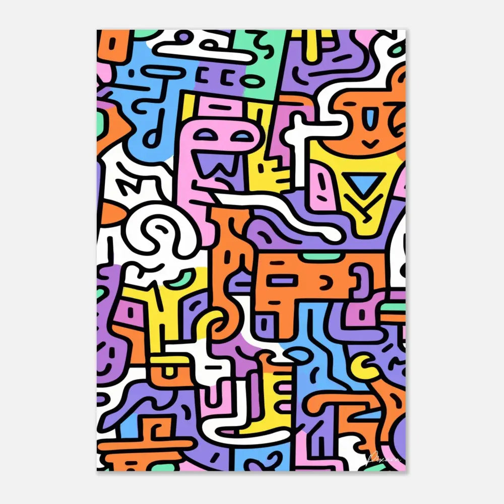 Impression d’art abstrait vibrant mettant en scène des figures audacieuses et cartoonistes dans un motif ludique de rose néon, orange, jaune, violet et bleu avec des contours noirs.