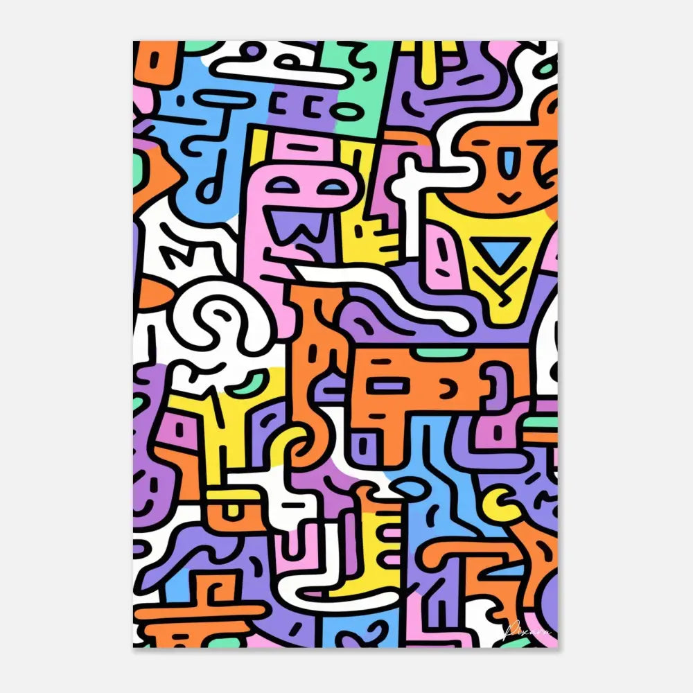 Impression d’art abstrait vibrant mettant en scène des figures audacieuses et cartoonistes dans un motif ludique de rose néon, orange, jaune, violet et bleu avec des contours noirs.