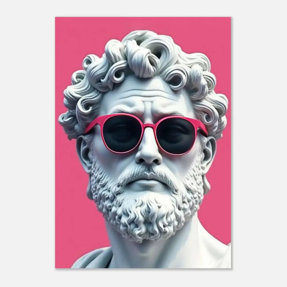 Une tête de statue en marbre blanc avec des cheveux bouclés et une barbe, portant des lunettes de soleil rose vif.