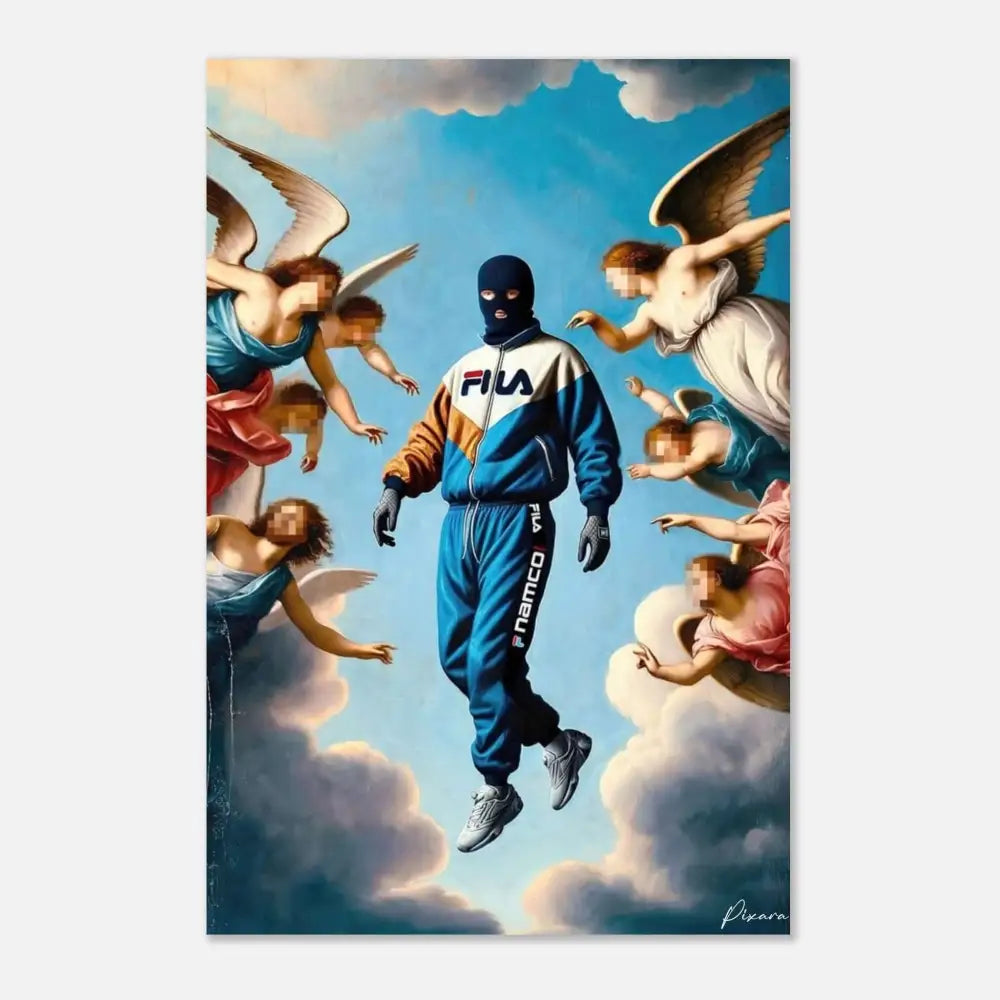 Survêtement bleu et blanc de marque Fila avec des accents orange, porté par une figure masquée flottant parmi des figures angéliques.