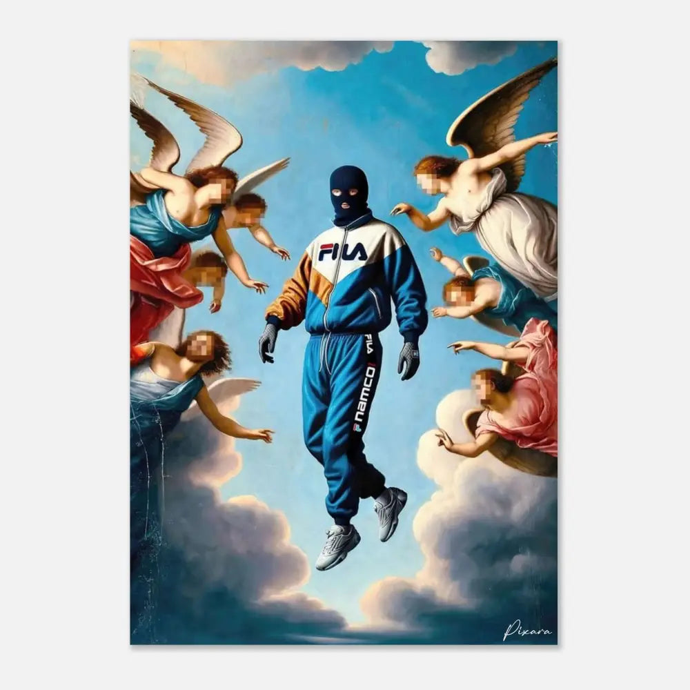 Une personne portant un survêtement Fila bleu et blanc avec des accents orange, des gants noirs et des baskets grises.