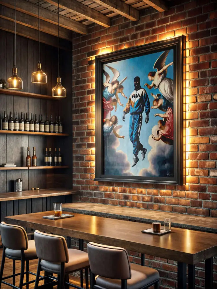 Une œuvre d’art encadrée représentant une figure dans un survêtement Fila bleu entourée d’anges, sur fond d’un ciel dramatique avec des nuages.