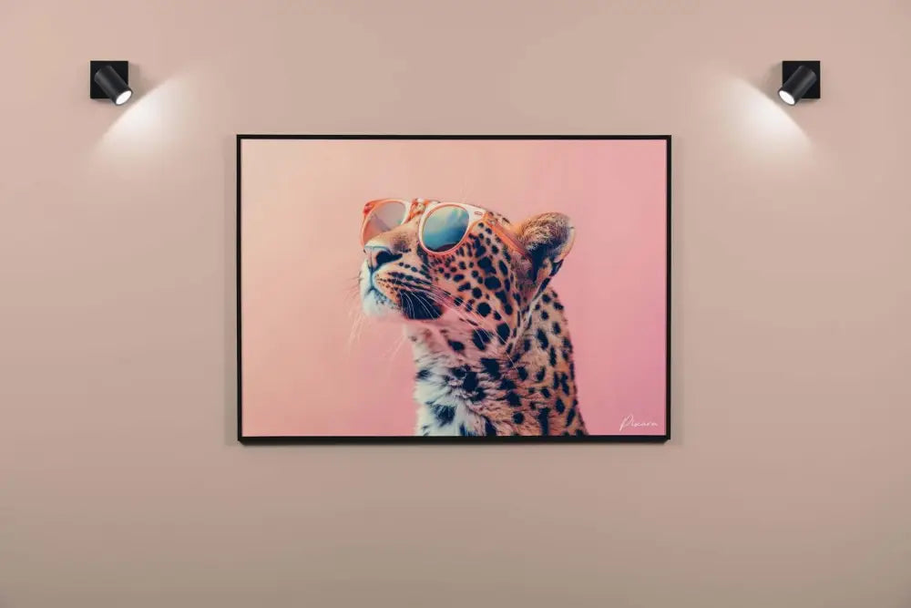 Une impression sur toile encadrée mettant en scène un léopard portant des lunettes de soleil sur un fond rose.