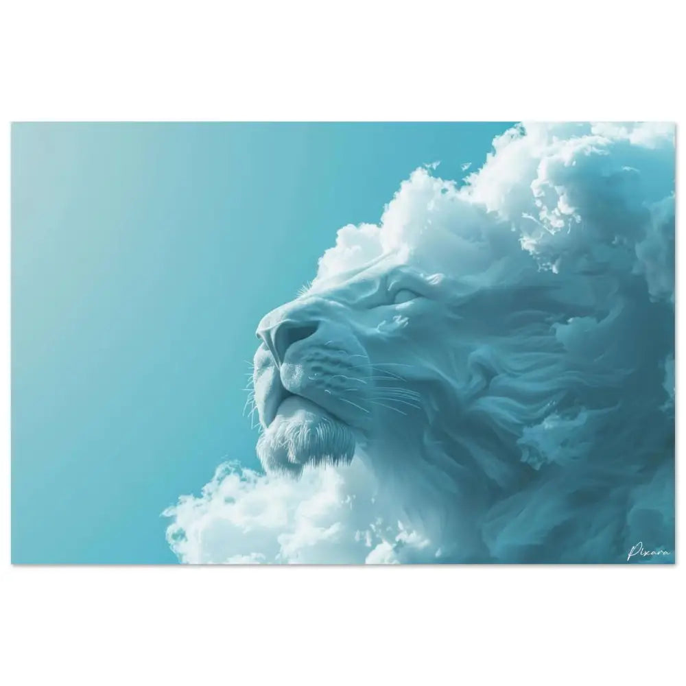 Une tête de lion sereine, bleu clair, sculptée à partir de nuages sur un ciel turquoise doux.